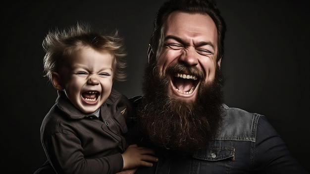 Un hombre y un niño riéndose con barba.