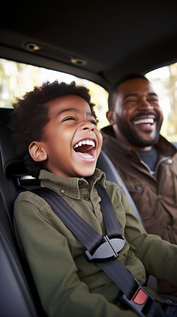 un hombre y un niño sentados en un auto