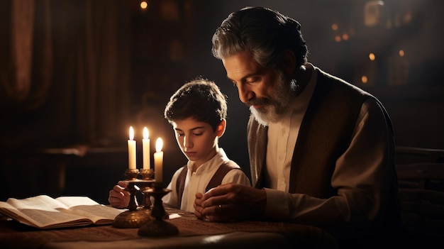 Hombre y niño sentados a la mesa frente a la Pascua con velas encendidas