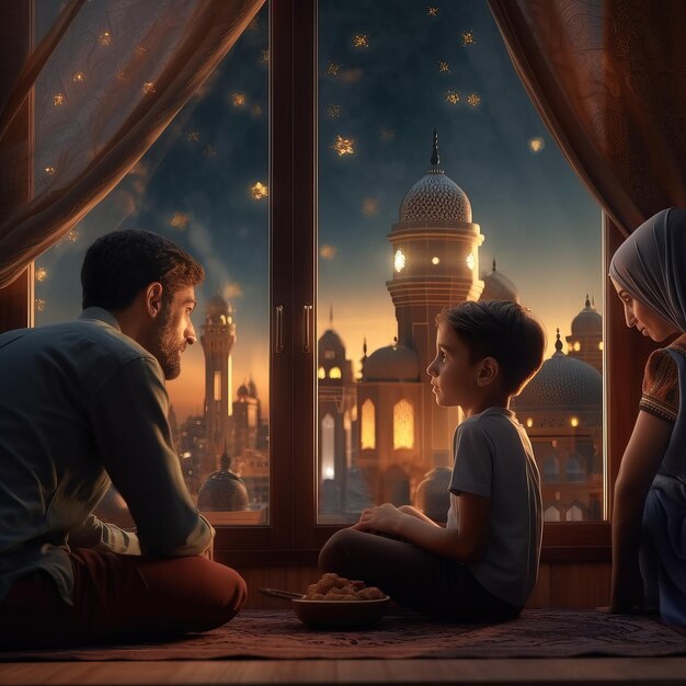 Un hombre y un niño se sientan en el alféizar de una ventana mirando una mezquita con la luna al fondo.