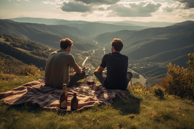 Un hombre y un niño se sientan en una colina y disfrutan de un picnic en las montañas.