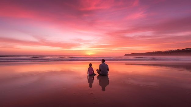 Un hombre y un niño se sientan en una playa, viendo la puesta de sol.