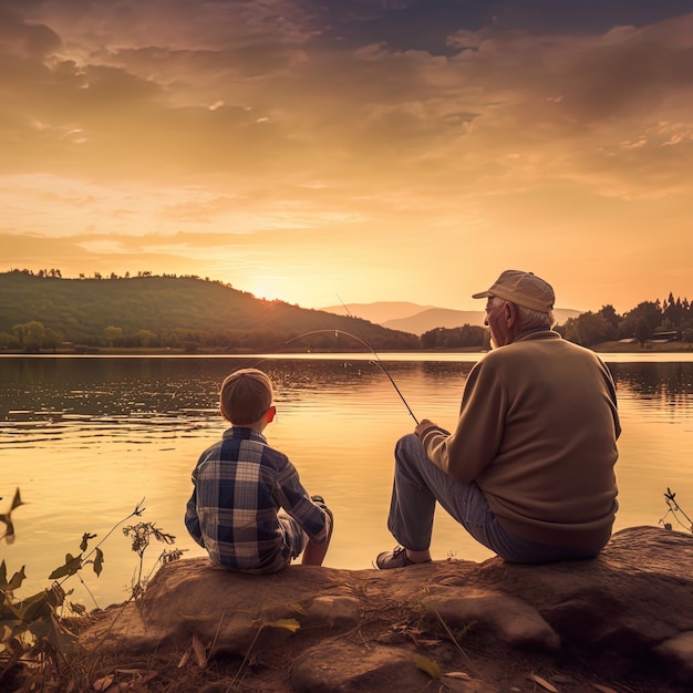 un hombre y un niño se sientan en una roca y miran el lago.