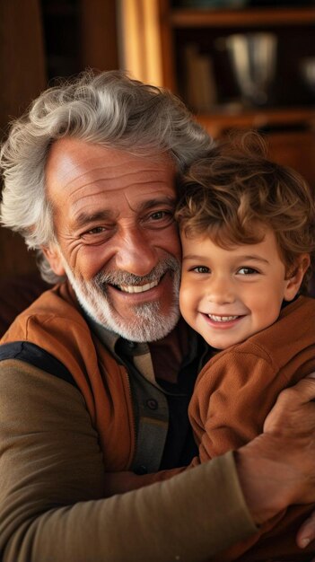 un hombre y un niño sonriendo y abrazándose