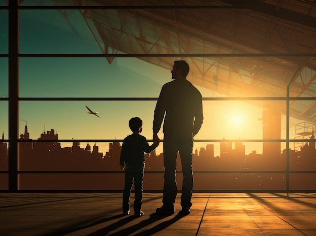 Un hombre con un niño en la terminal mirando al cielo.