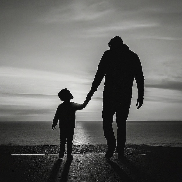 un hombre y un niño tomados de la mano en una playa