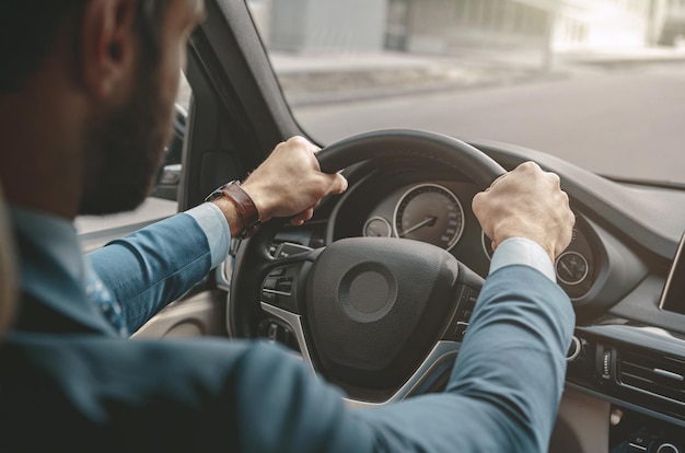 Hombre no reconocido con ropa clásica que viaja en automóvil