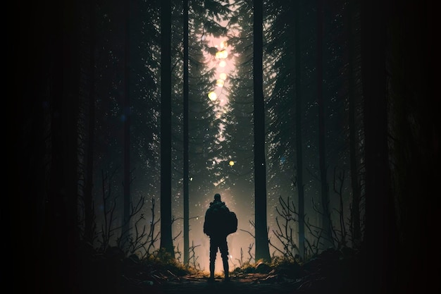 Un hombre en la noche del bosque oscuro en un bosque Fondo generado por IA