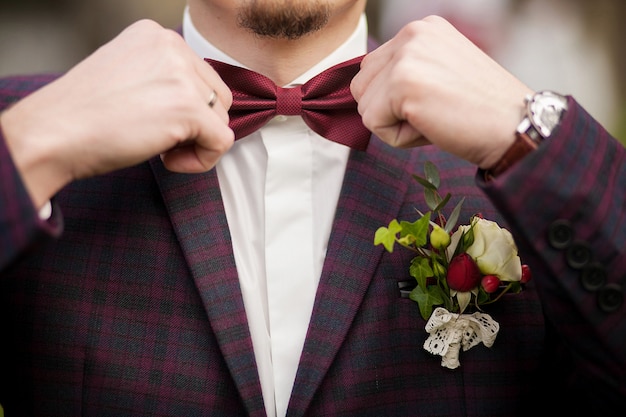 Hombre del novio en un traje de boda con mariposa