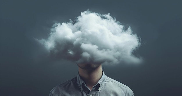 Hombre con una nube sobre su cabeza que representa la soledad y la depresión concepto abstracto