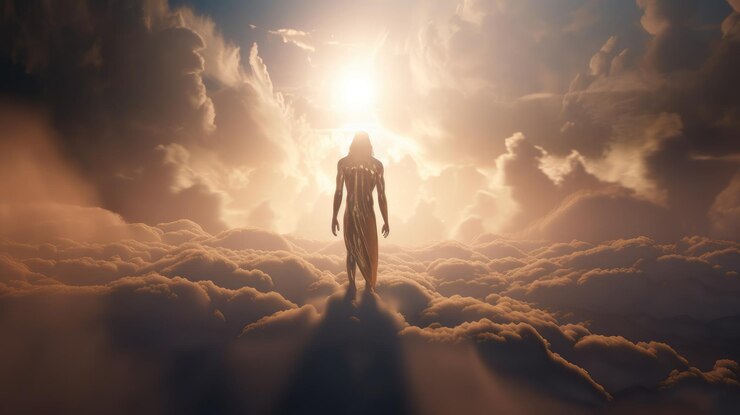 Foto un hombre se para en una nube con el sol brillando en su rostro.
