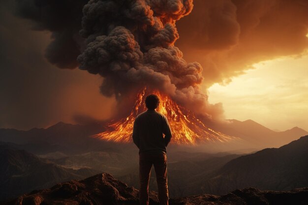 Foto hombre observando una erupción volcánica que muestra el generative ai