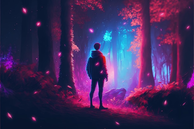 Hombre observando la iluminación moderna luminosa dentro de un bosque carmesí mágico Concepto de fantasía Pintura de ilustración IA generativa