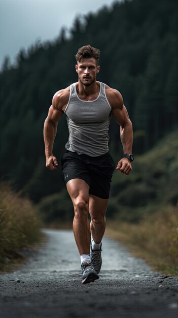 Hombre occidental corriendo en el sendero corredor masculino