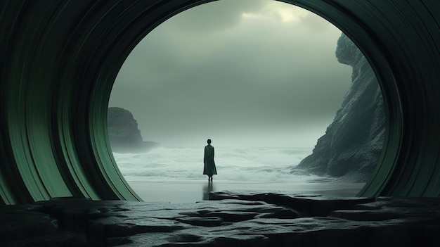 Un hombre se para en el océano debajo de un túnel que tiene a un hombre parado en el agua.