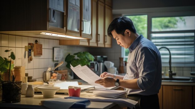 Hombre se ocupa de pagar facturas al final del mes en su cocina creada con tecnología de IA generativa