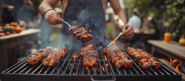 Foto un hombre ocupado en la barbacoa