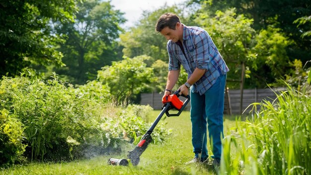 Foto hombre ocupado usando un cortador de hierba en el jardín