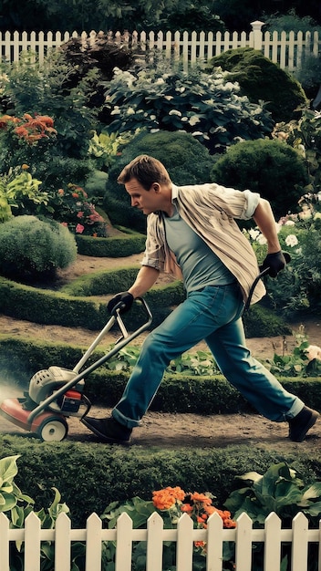 Foto hombre ocupado usando un cortador de hierba en el jardín