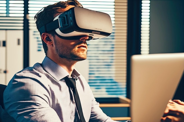 Foto hombre en la oficina mirando los auriculares gles vr de realidad virtual