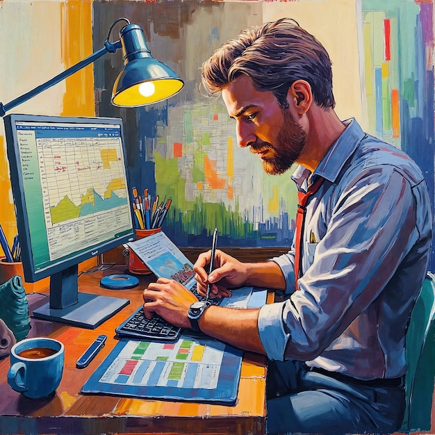Hombre en la oficina trabajando con gráficos financieros