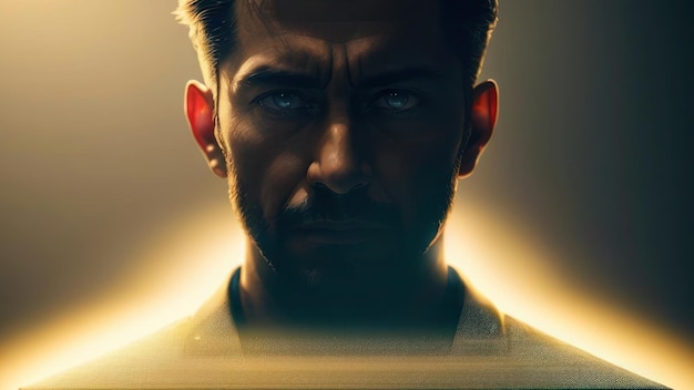 Un hombre con ojos azules y barba se para frente a un fondo amarillo.