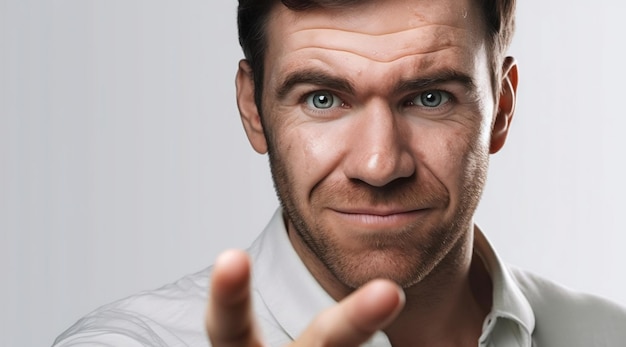 Foto un hombre con ojos azules y una camisa blanca con una sonrisa en su rostro.