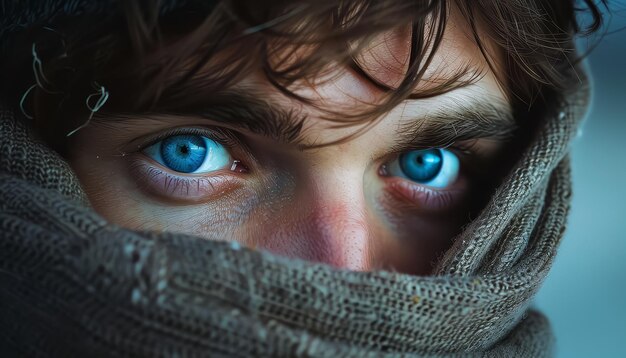 Un hombre con ojos azules lleva una bufanda y tiene una sombra azul en el ojo