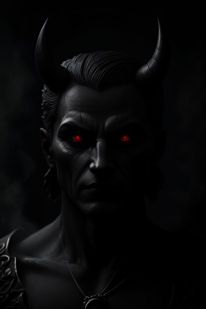 Un hombre con ojos rojos y una cara de diablo en la oscuridad.