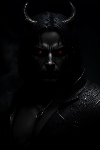 Un hombre con ojos rojos está en la oscuridad con un fondo oscuro.