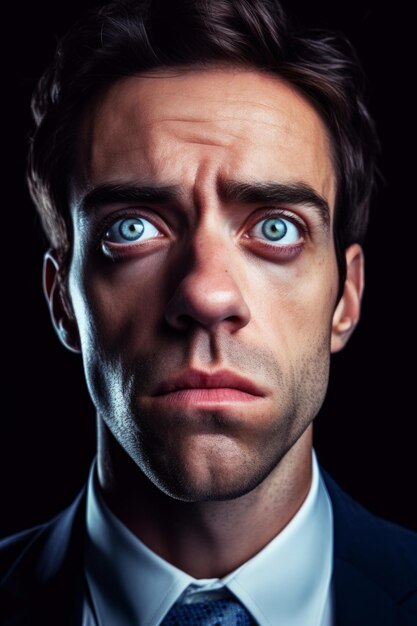 Un hombre de ojos verdes está frente a un fondo negro.