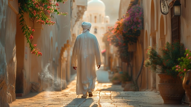 Foto hombre omano en un dishdasha blanco caminando por los antiguos callejones de muscat incesante llenando el aire