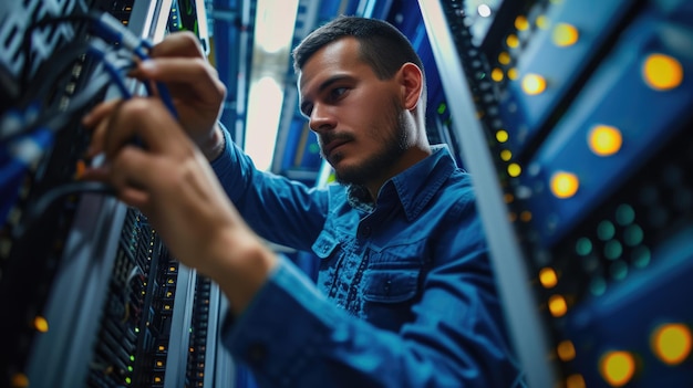 Foto un hombre opera un servidor azul eléctrico en un centro de datos de vidrio aig41