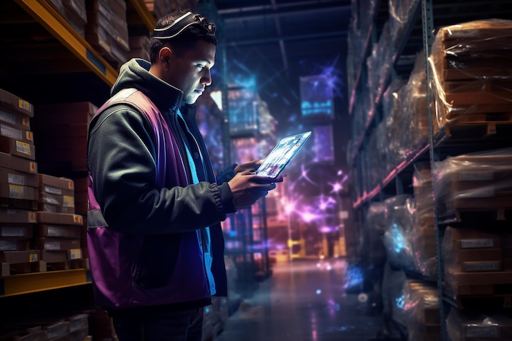 Foto hombre de operaciones digitales en el almacén usando tableta industrial chic