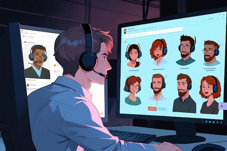 Foto hombre operador de centro de llamadas con auriculares dentro del monitor de pc