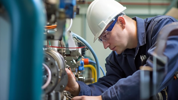 Foto hombre operando la máquina en la fábrica para