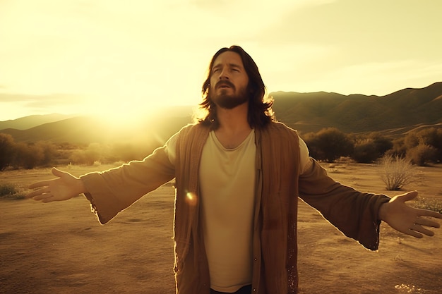 Foto hombre orando a dios en el campo red neuronal arte generado por ia