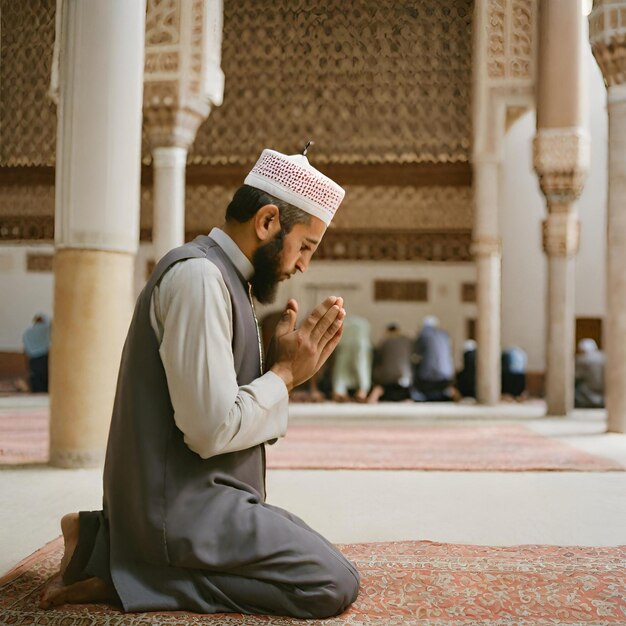 Foto hombre orando en la mezquita vista de cerca