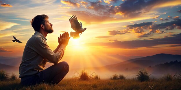 Foto hombre orando y pájaro libre disfrutando de la naturaleza en el fondo del atardecer concepto de esperanza