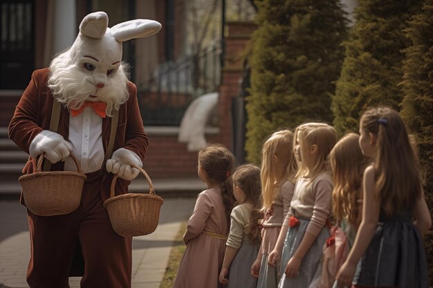 Hombre con orejas de conejo sosteniendo una canasta en sus manos con sus amigos el conejito de Pascua