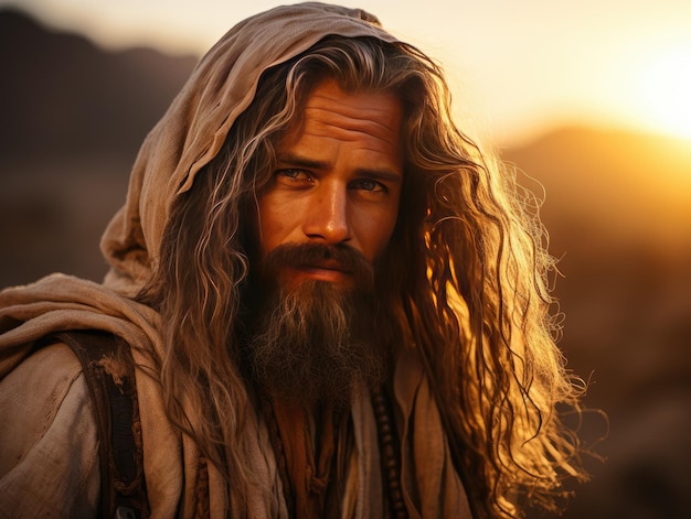 Un hombre de Oriente Medio barbudo y de cabello largo con un pañuelo en la cabeza en el desierto Generativo Ai