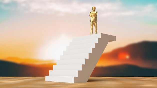El hombre de oro en las escaleras para la representación 3d del concepto de negocio