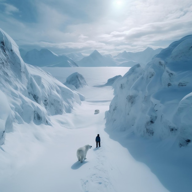 Un hombre y un oso polar rodeados de nieve.