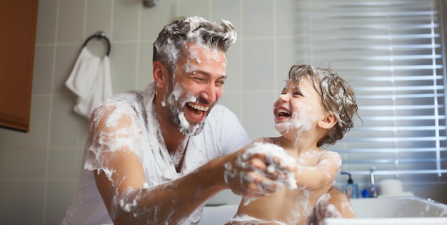 Hombre padre familia agua horizontal baño crema niños sonrientes diversión infancia juntos verano mañana amor