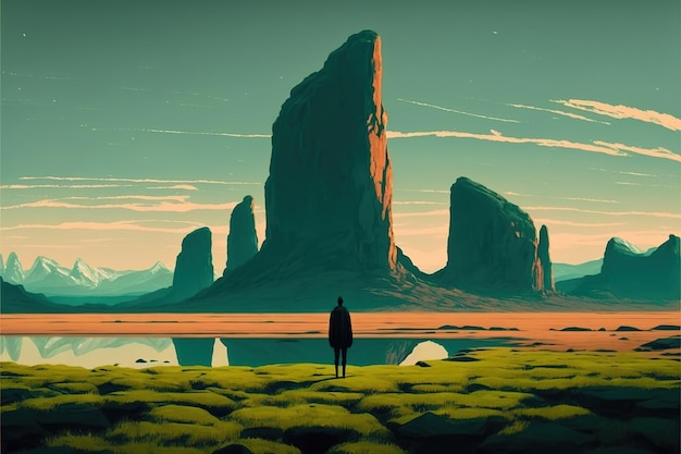 Hombre en un paisaje de fantasía mirando las montañas verdes distantes Un joven está de pie sobre una pintura de ilustración de estilo de arte digital de roca