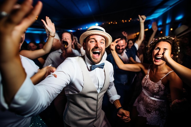 Foto un hombre con pajarita baila con sus amigos.