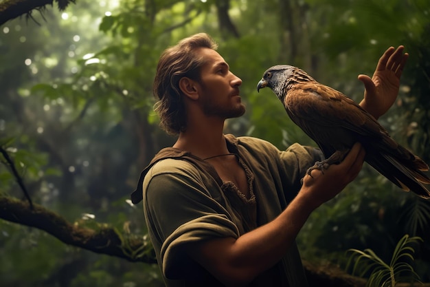 Foto hombre con un pájaro en la mano en el bosque ia generativa