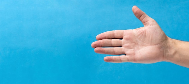 Hombre con palma sobre fondo azul Copiar espacio para el texto