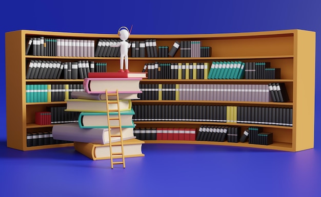 Hombre de palo con estantes de libros en la biblioteca concepto de educación y aprendizaje ilustración 3D o renderización 3D