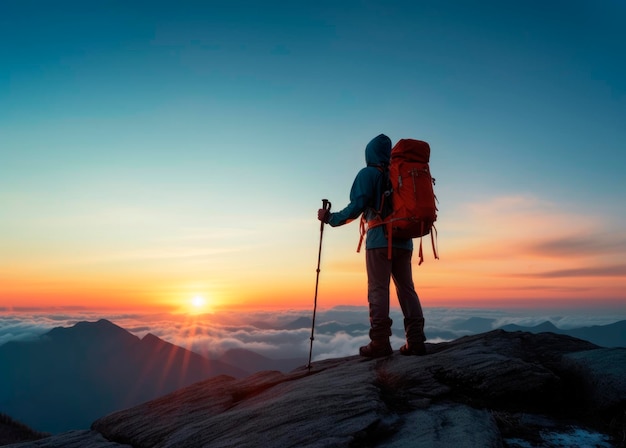 Un hombre con palos de senderismo de pie en la cima de una montaña disfrutando de la serenidad de la naturaleza